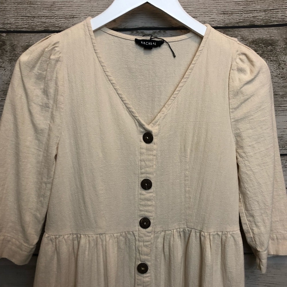 Rachel Oatmeal Cottage Core Button Up Midi Dress - Picture 4 of 16